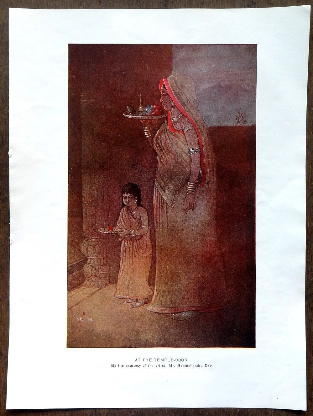 India c.1920s print AT THE TEMPLE DOOR by Bepinchandra Dev 28.5cm x 21cm