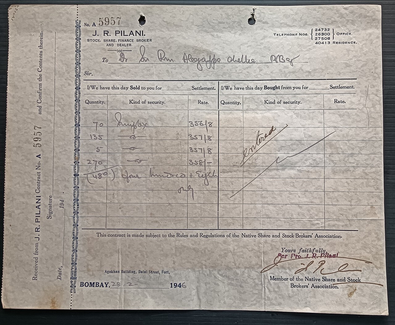 India KGV & KGVI Broker's Note x 25 on 1946 contract note
