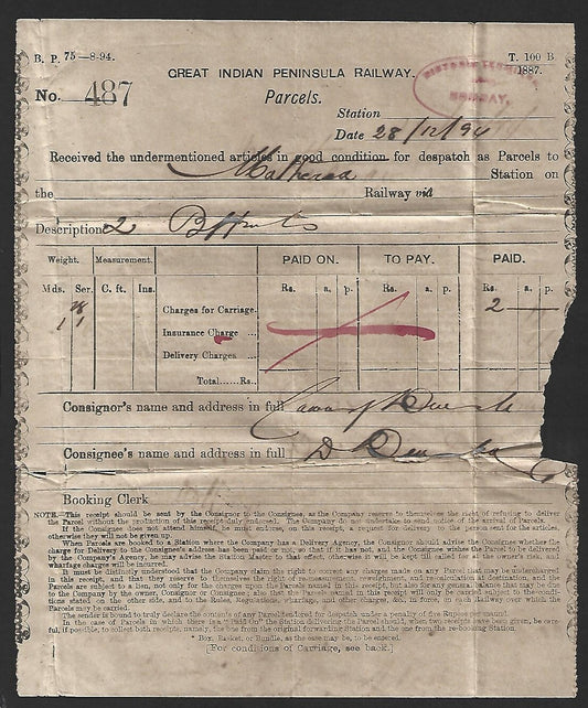 (AOP) India GIP RAILWAY 1894 parcel receipt