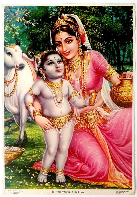 India 1960s Hindu God poster Yasodha Krishna 9.5”x14” by S S Brijbasi