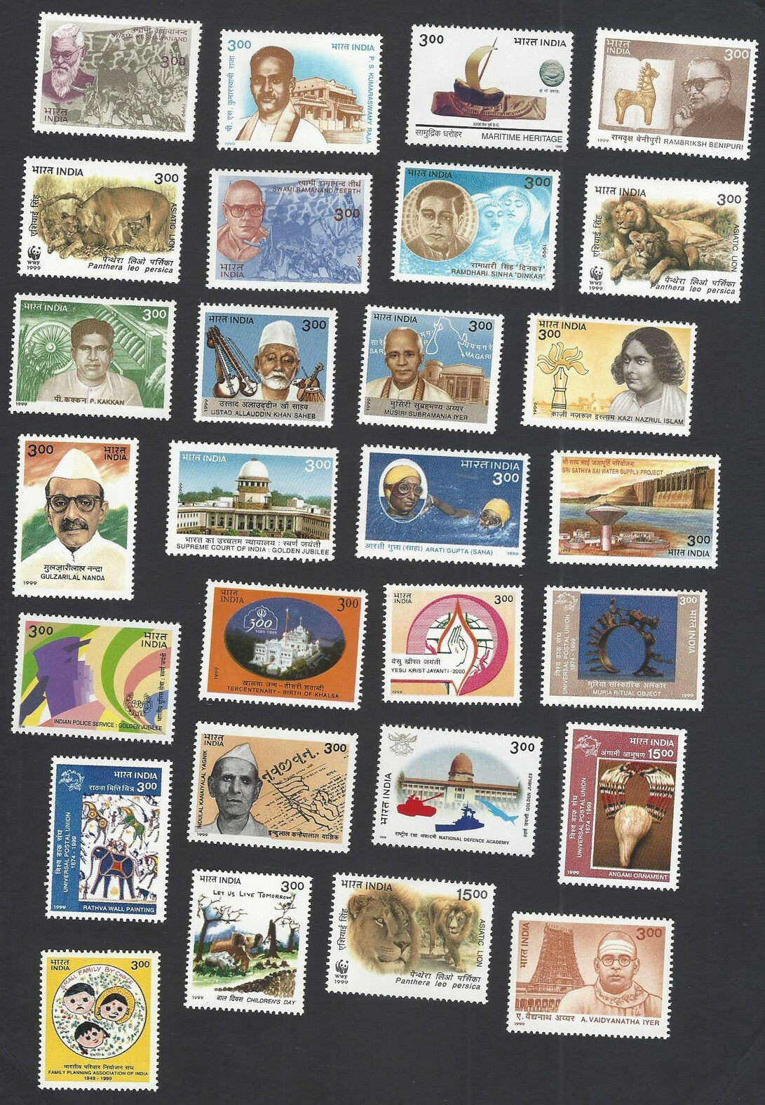 India 1999 Post Office pack – 62 stamps – not sealed