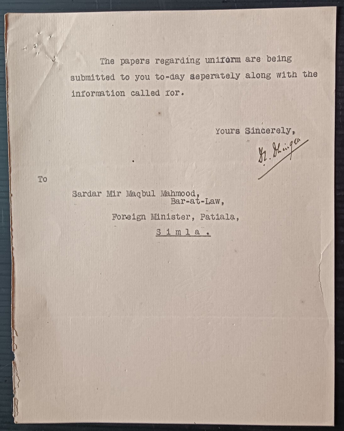 India 1932 POST OFFICE / PATIALA STATE crested letter