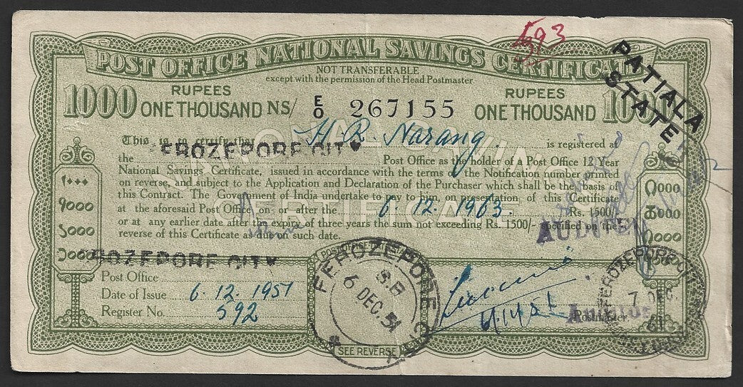 India PATIALA STATE 1943 Post Office National Savings Certificate 1000R