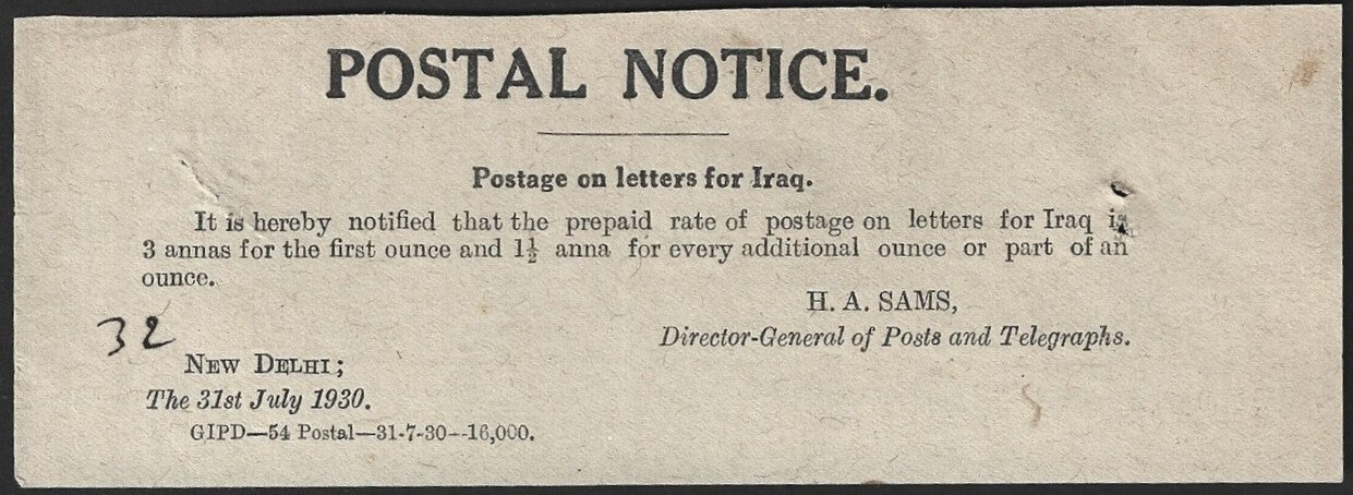 India POSTAL NOTICE 31st July 1930 Postage on letters fo Iraq