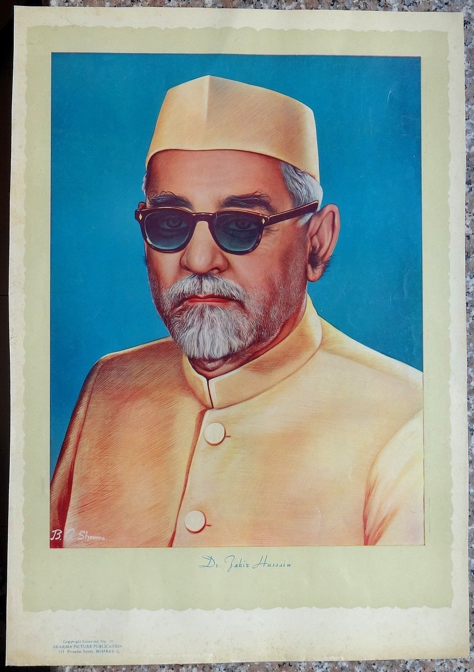 India 1960s art poster President Zakir Hussain 14” x 19”. Tube shipping