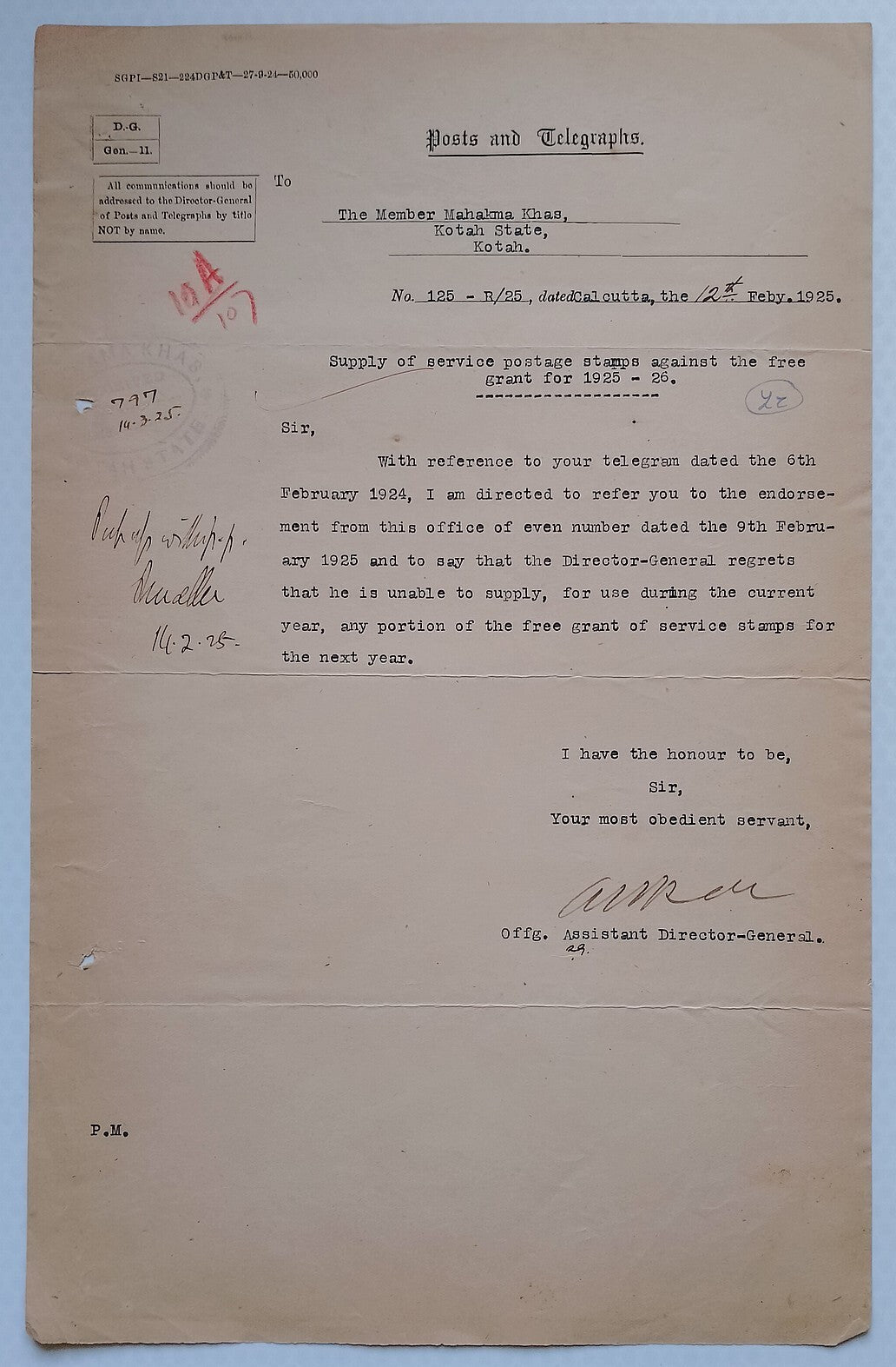 AOP India Official correspondence :Supply of Service stamps to KOTAH STATE 1924