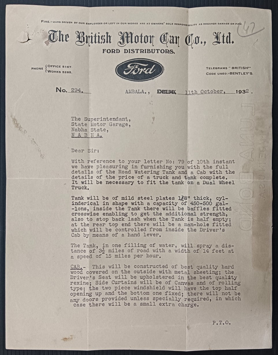 India 1932 THE BRITISH MOTOR CAR CO. LTD., Ambala FORD letterhead