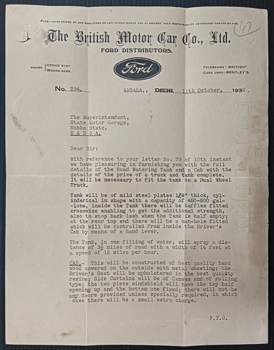 India 1932 THE BRITISH MOTOR CAR CO. LTD., Ambala FORD letterhead