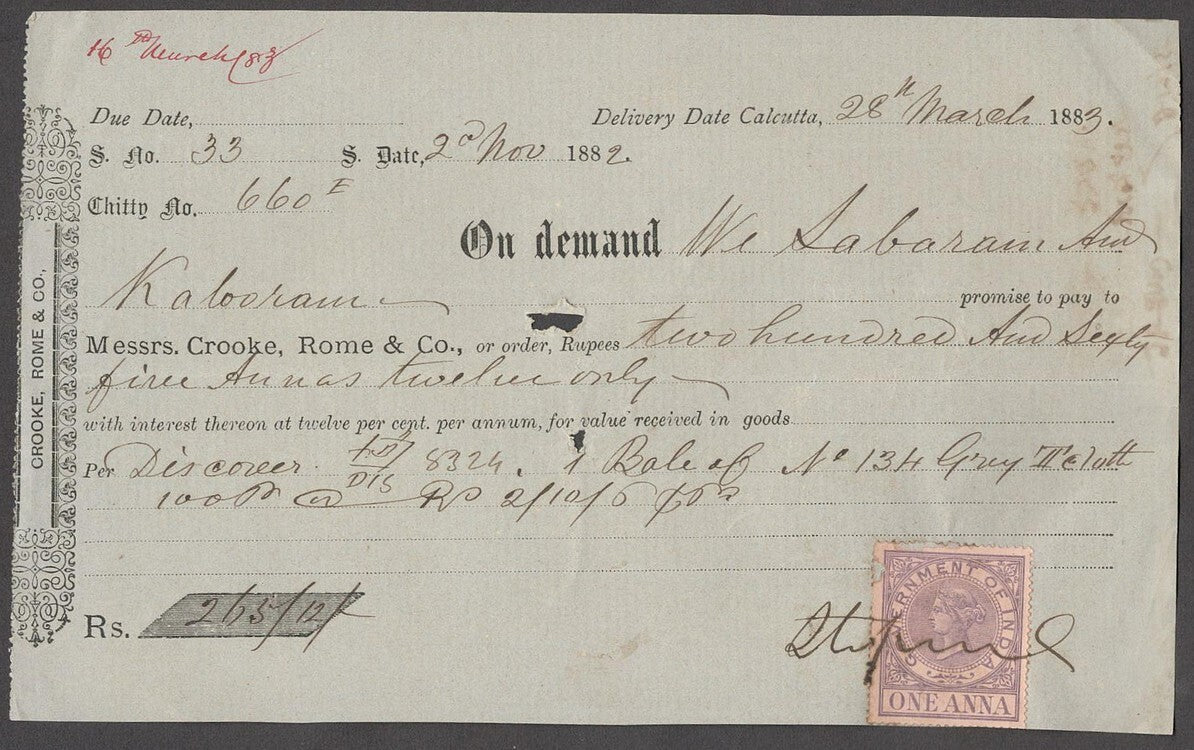 India 1882-84 Demand Notes with Queen Victoria 1a lilac revenue stamps (5)