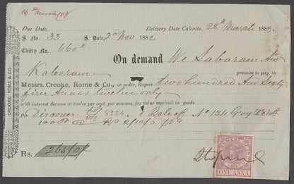 India 1882-84 Demand Notes with Queen Victoria 1a lilac revenue stamps (5)