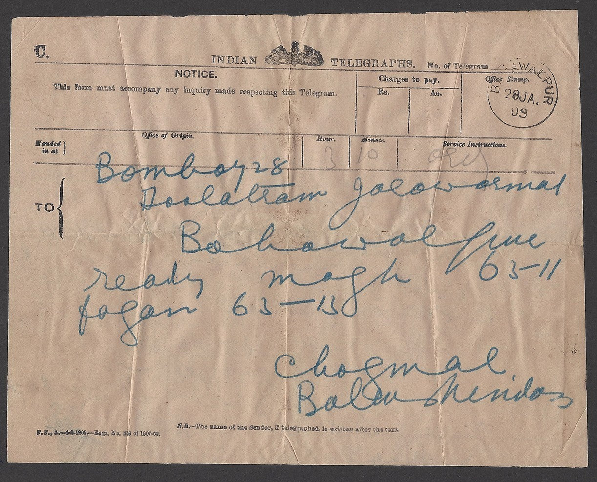 India 1909 telegram cancelled sc BAHAWALPUR