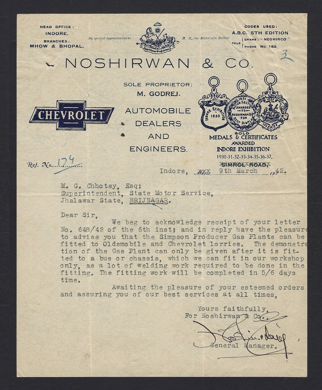 India 1942 Noshirwan & Co. Chevrolet Brijnagar Letterhead