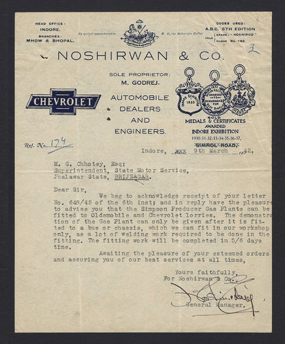 India 1942 Noshirwan & Co. Chevrolet Brijnagar Letterhead