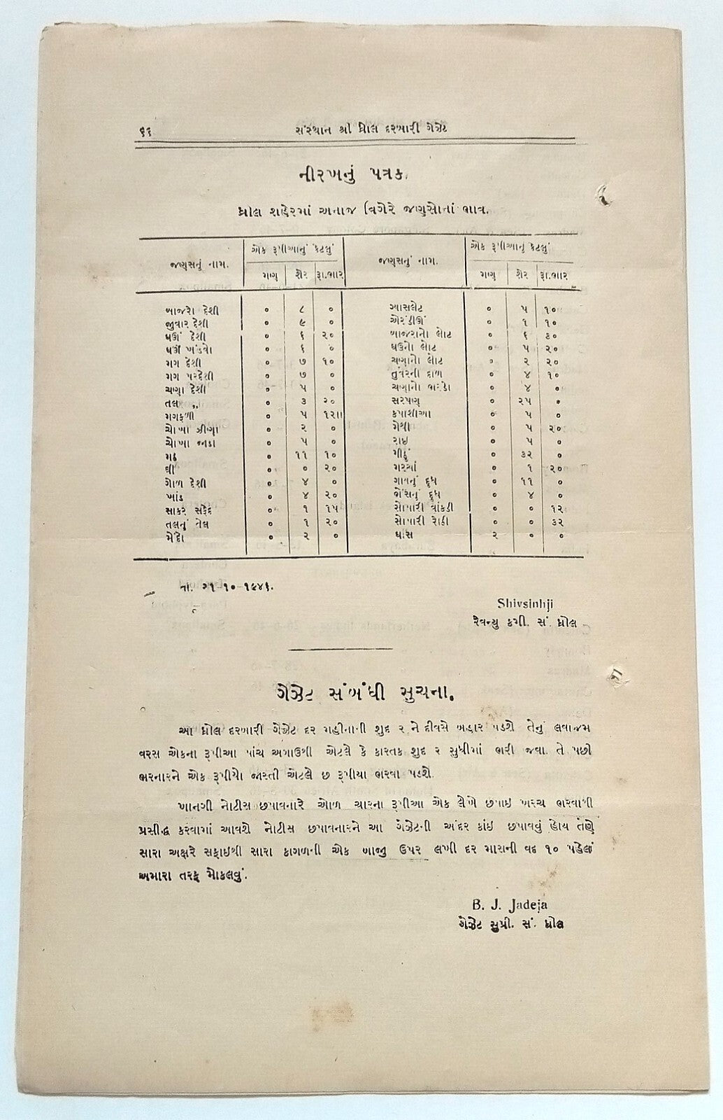 AOP India WW2 1946 DHROL STATE Gazette