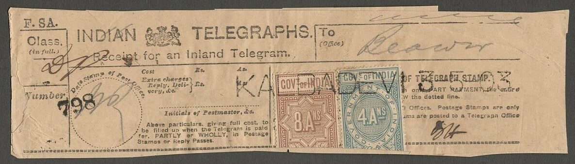 AOP India Telegraph stamps on 1903 BY- KALBADEVI Telegraph receipt