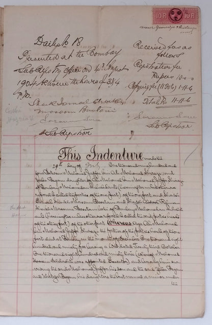 AOP India QV Queen Victoria 1868 Special Adhesive 10R on 1904 indenture 5 pgs