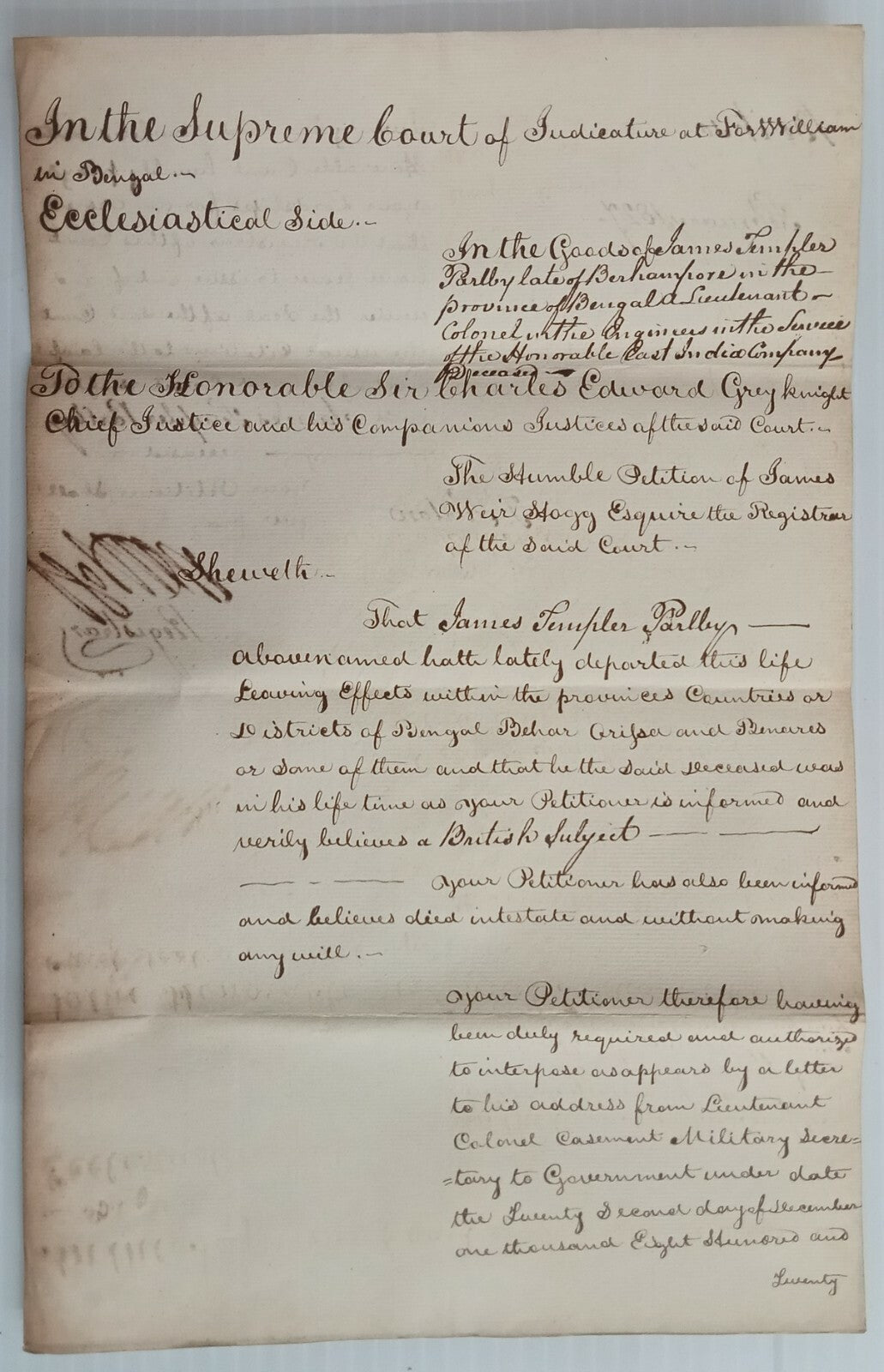 AOP India 1827 Supreme Court, Fort Williams, Calcutta document