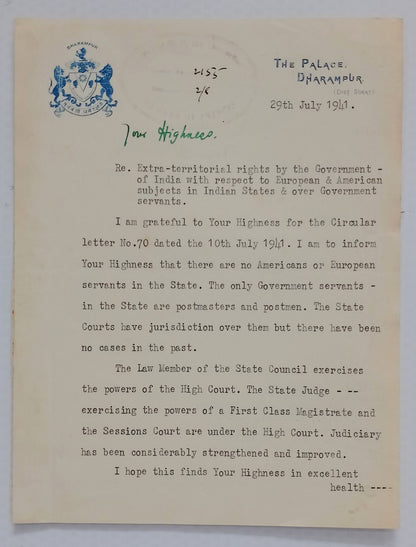 Dharampur State India 1941 crested later signed Maharaja Vijaidevji Motandevji