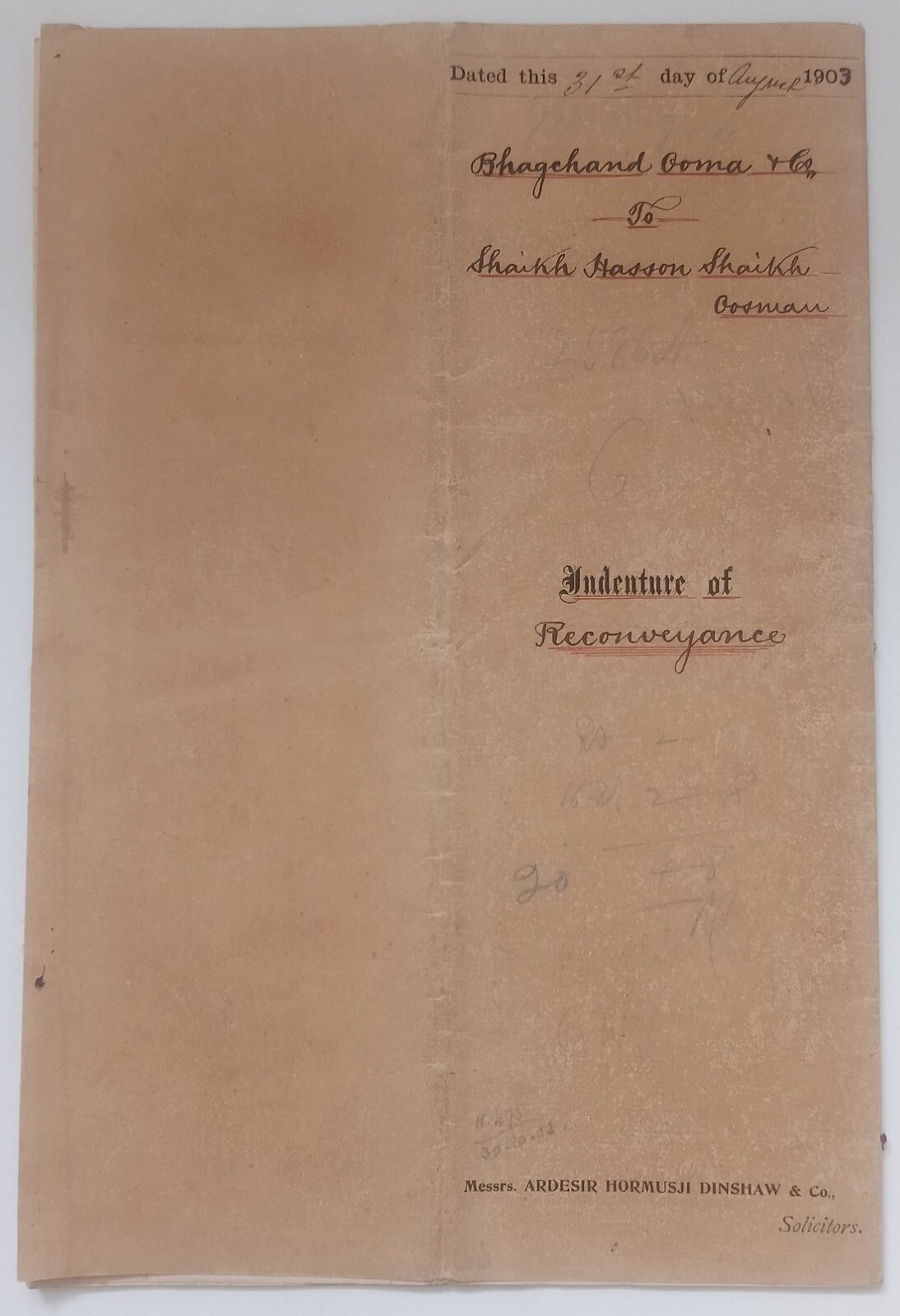 AOP India QV Queen Victoria 1868 Special Adhesive 10R on 1903 indenture 3 pgs