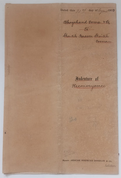 AOP India QV Queen Victoria 1868 Special Adhesive 10R on 1903 indenture 3 pgs