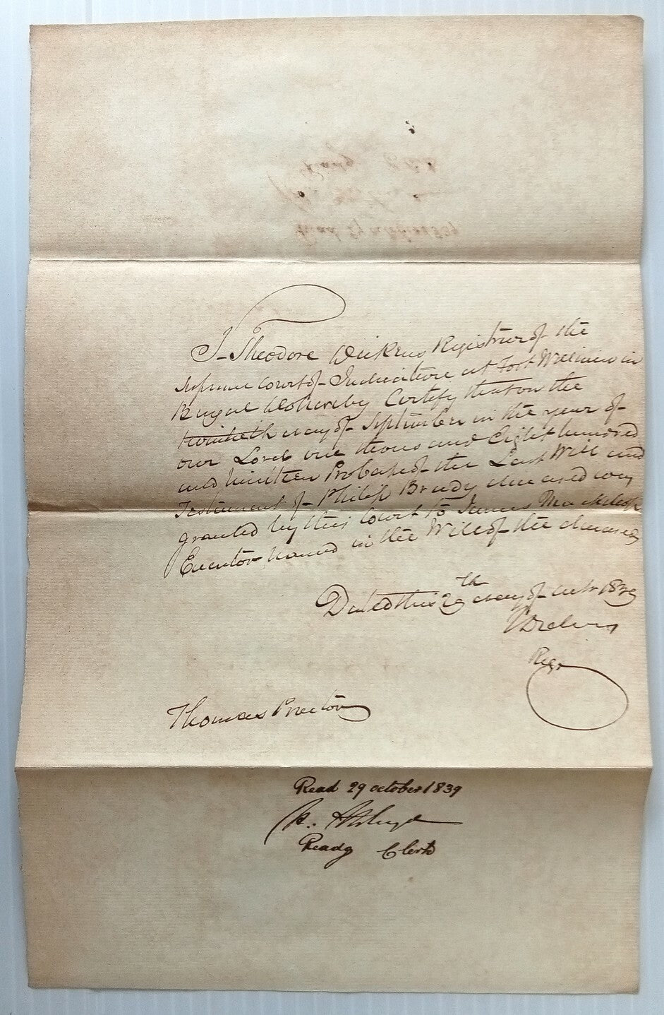 AOP India 1839 Supreme Court, Fort Williams, Calcutta document	