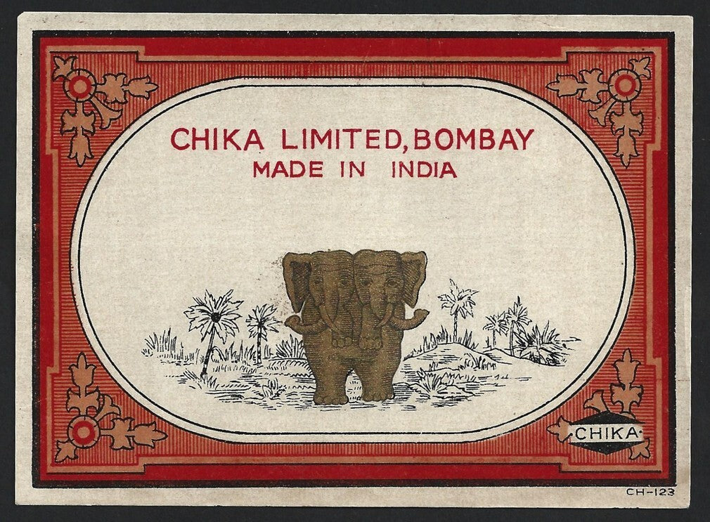 India vintage Textile Dyes label Chika Ltd., Bombay - ELEPHANTS
