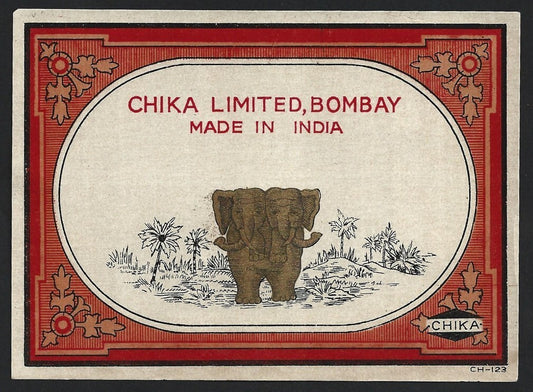 India vintage Textile Dyes label Chika Ltd., Bombay - ELEPHANTS
