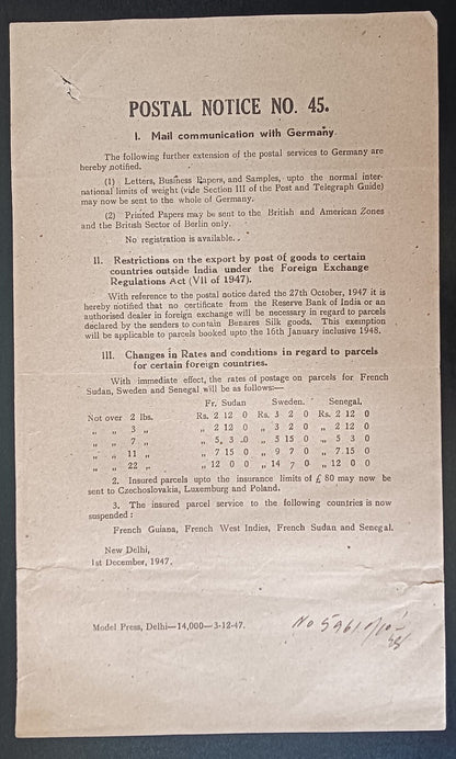 India POSTAL NOTICE No. 45 1st Dec.1947 Mail Communication with Germany, etc.
