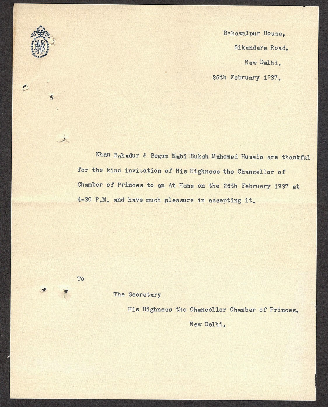 India 1937 crested letter BAHAWALPUR HOUSE