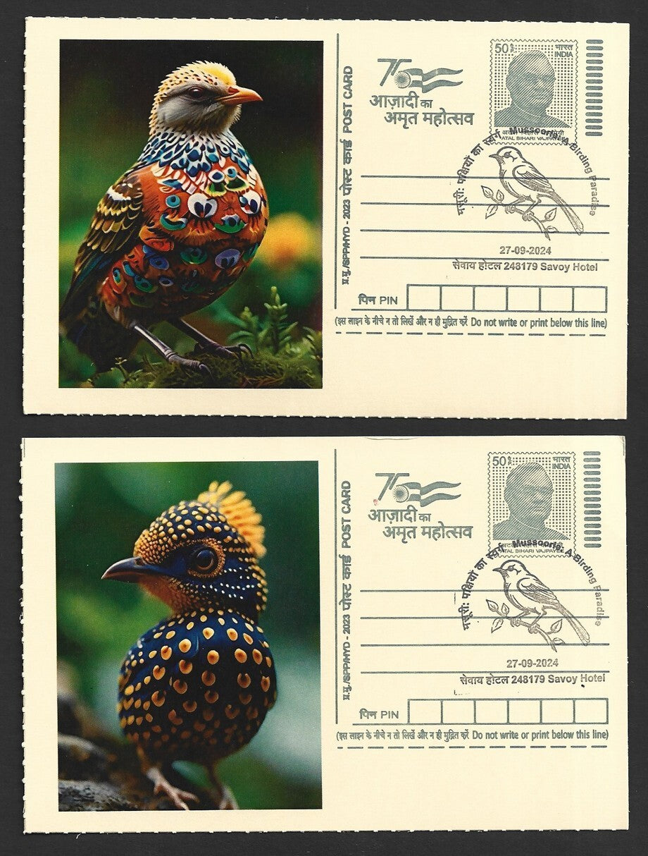India 2024 Birding Paradise Savoy Hotel postmarks on cards PEACOCKS (15)