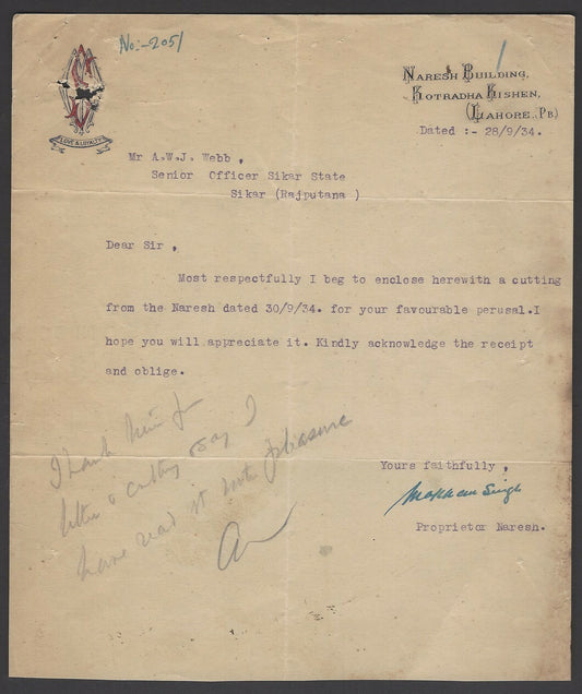 India 1934 crested letterhead signed Makhan Singh editor pro British anti Gandhi