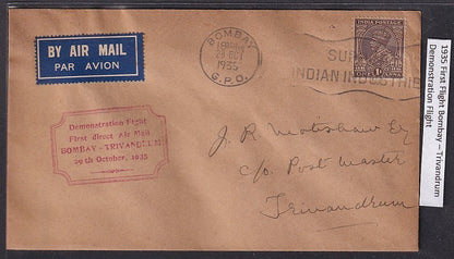 India 1935 First Flight cover Bombay to Trivandrum Demonstration flight