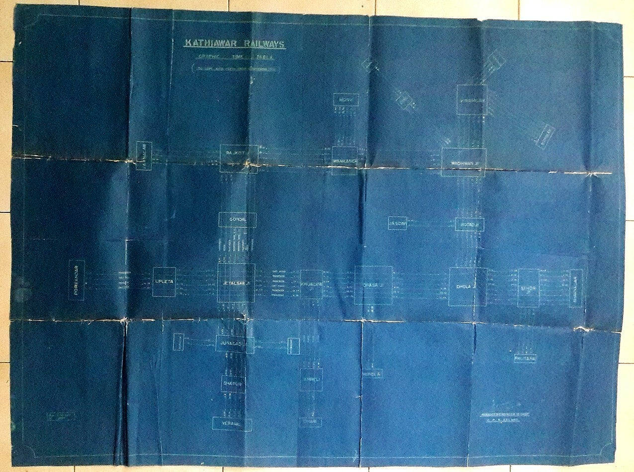 India 1916 Kathiawar Railways complete routes & timings map blue print 36” x 49”
