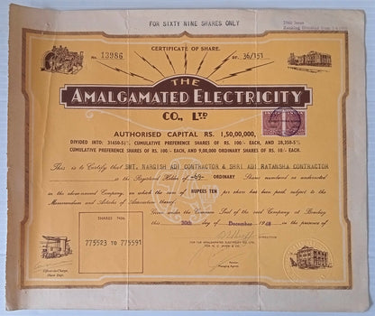 AOP India The Amalgated Electricity Co. (Belgaum) Ltd 1960 share certificate