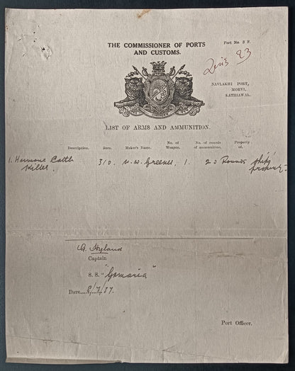 India 1937 Navlakhi Port Morvi SS GERMANIA Captan signed Arms List Humane Killer