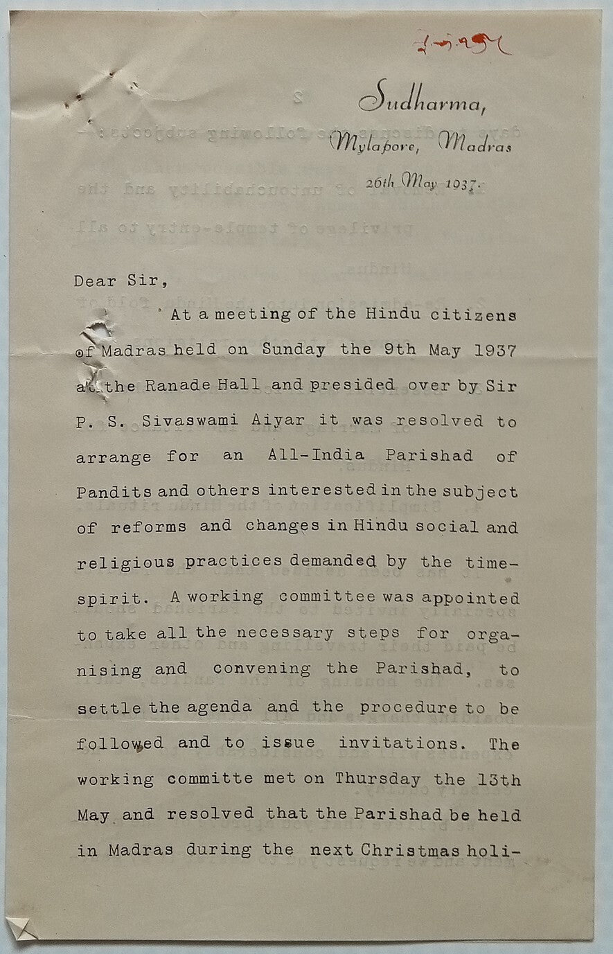 AOP India correspondence - ALL INDIA'S PANDIT'S CONFERENCE 1937