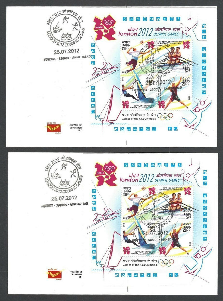 India 2012 Olympics set of 4 postcards with MS miniature sheets used First Day
