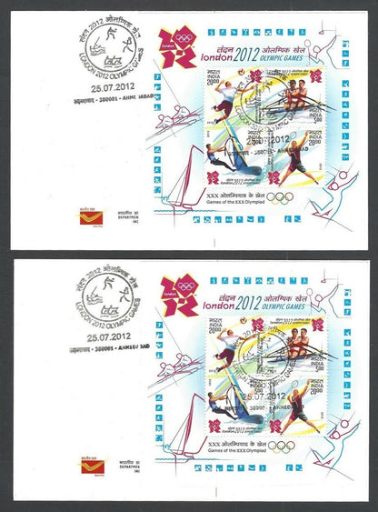 India 2012 Olympics set of 4 postcards with MS miniature sheets used First Day