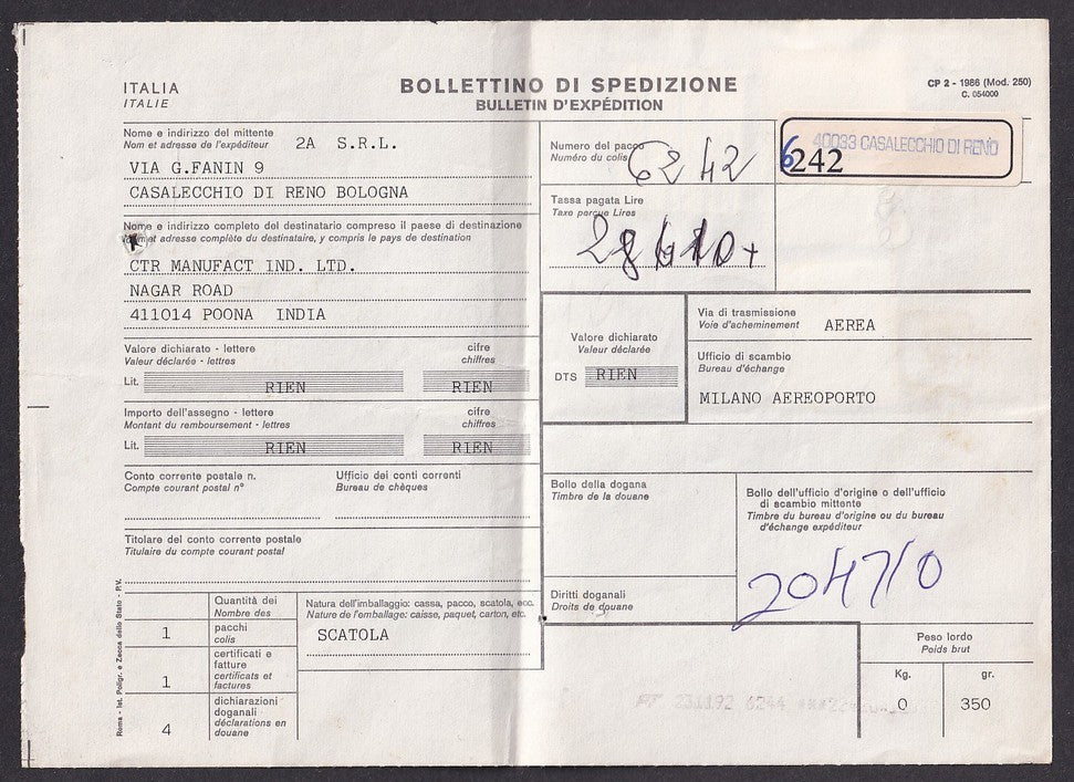 Italy red Citis/TAE/EMS “PT3” meter 22420 Lire on 1992 parcel card to India