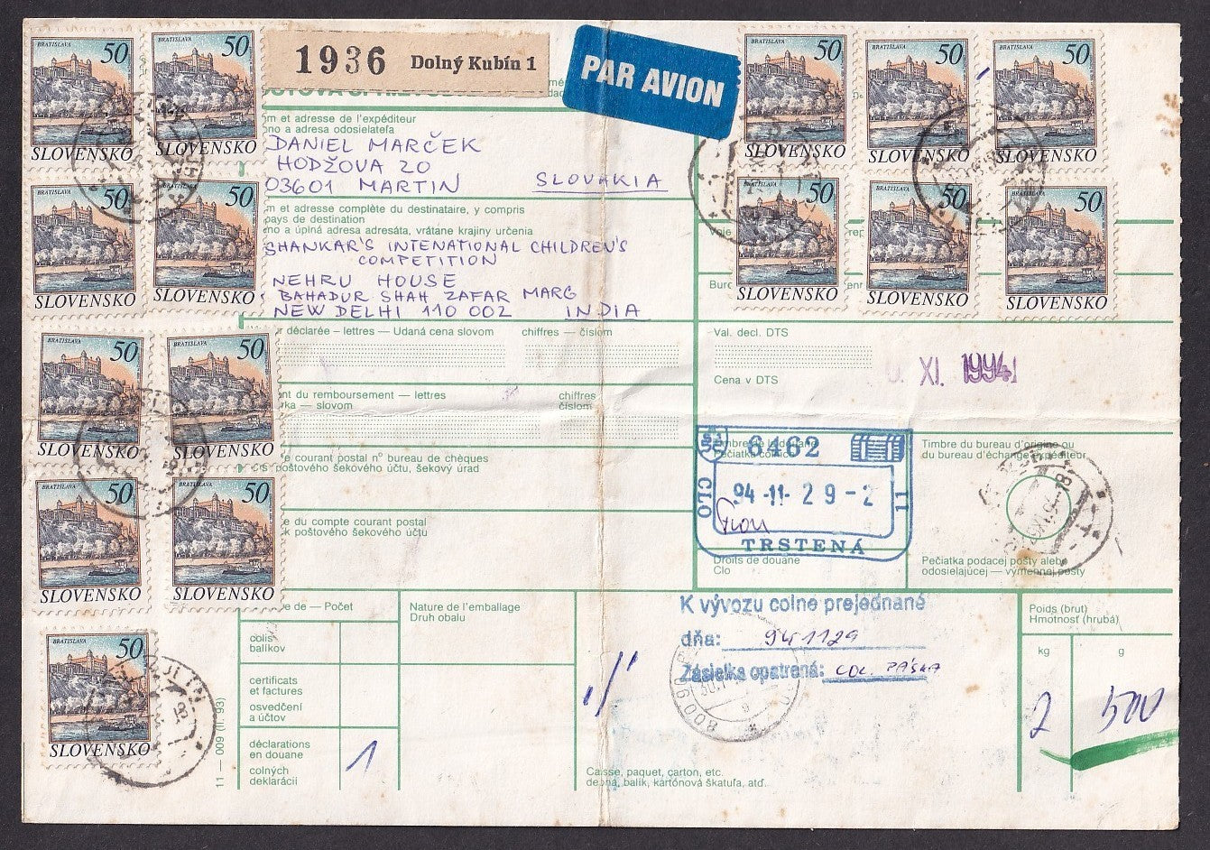 Slovensko Slovakia 1993 50kc x 15 on parcel card to India