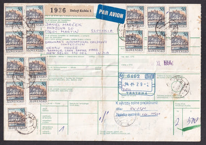 Slovensko Slovakia 1993 50kc x 15 on parcel card to India