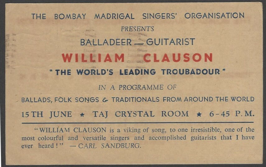 William Clauson Balladeer Guitaarist 1965 India performance advertisement