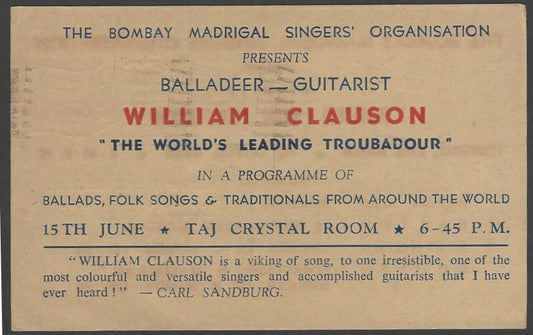 William Clauson Balladeer Guitaarist 1965 India performance advertisement