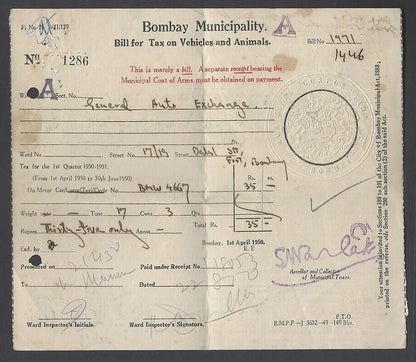 AOP India 1950 Bombay Muncipality embossed Bill for Tax on Vehicles