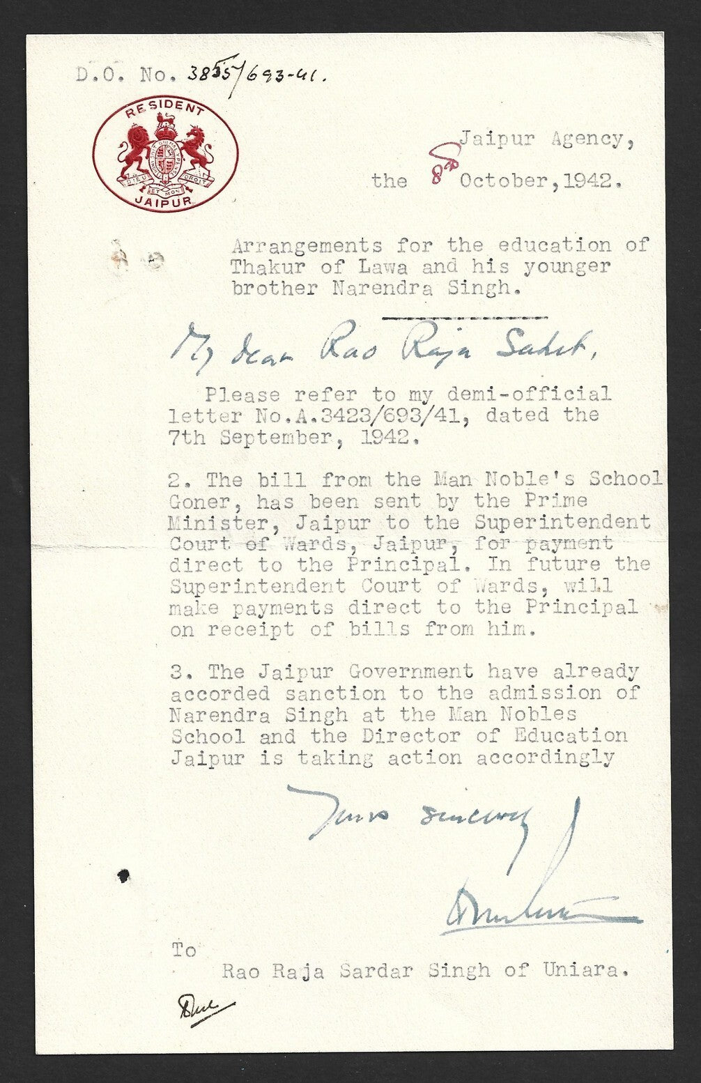 (AOP) India 1942 RESIDENT JAIPUR crested letter to Raja of Uniara