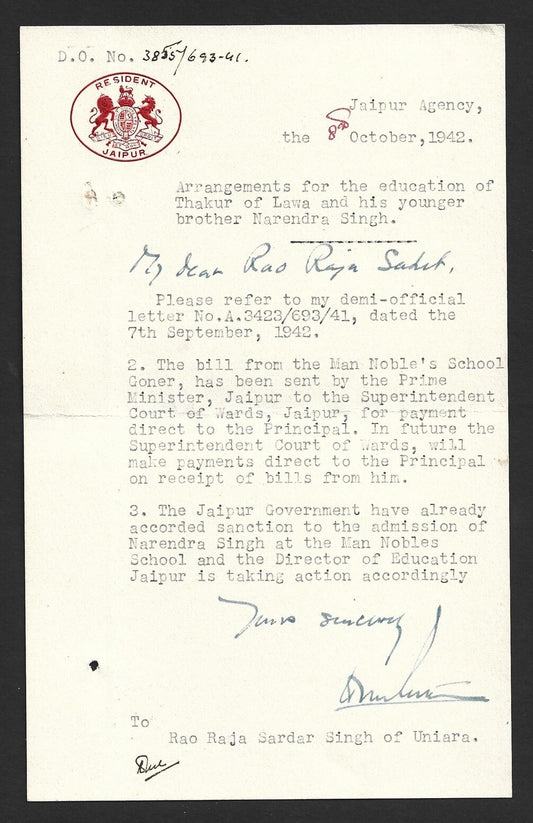 (AOP) India 1942 RESIDENT JAIPUR crested letter to Raja of Uniara