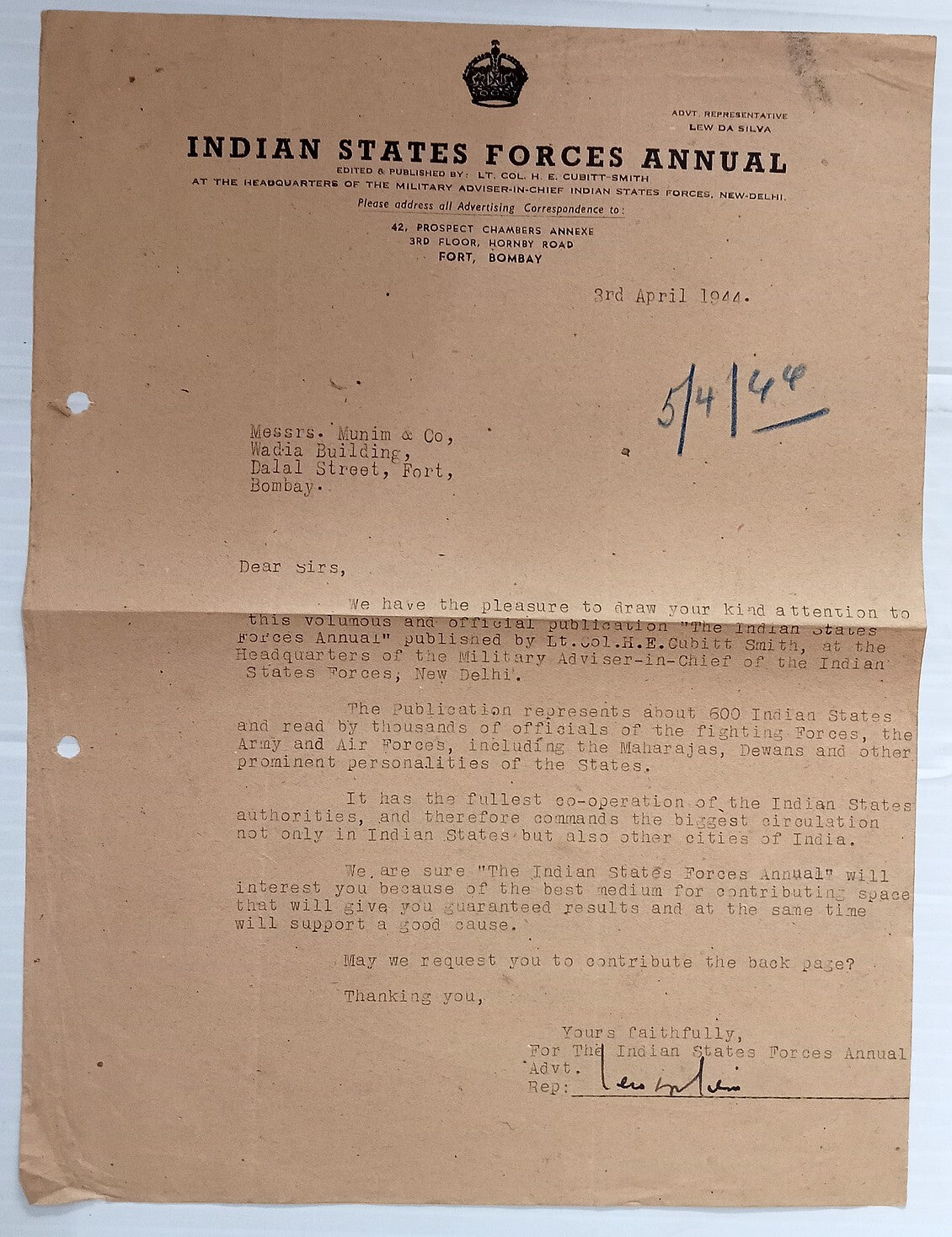AOP India 1944 letterhead INDIAN STATES FORCES ANNUAL