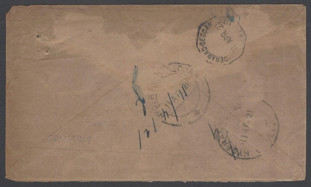 India 1921 cvr to PS, Nawab Hyderabad ,tall horseshoe "HYDERABAD DECCAN/DUE/ANNA
