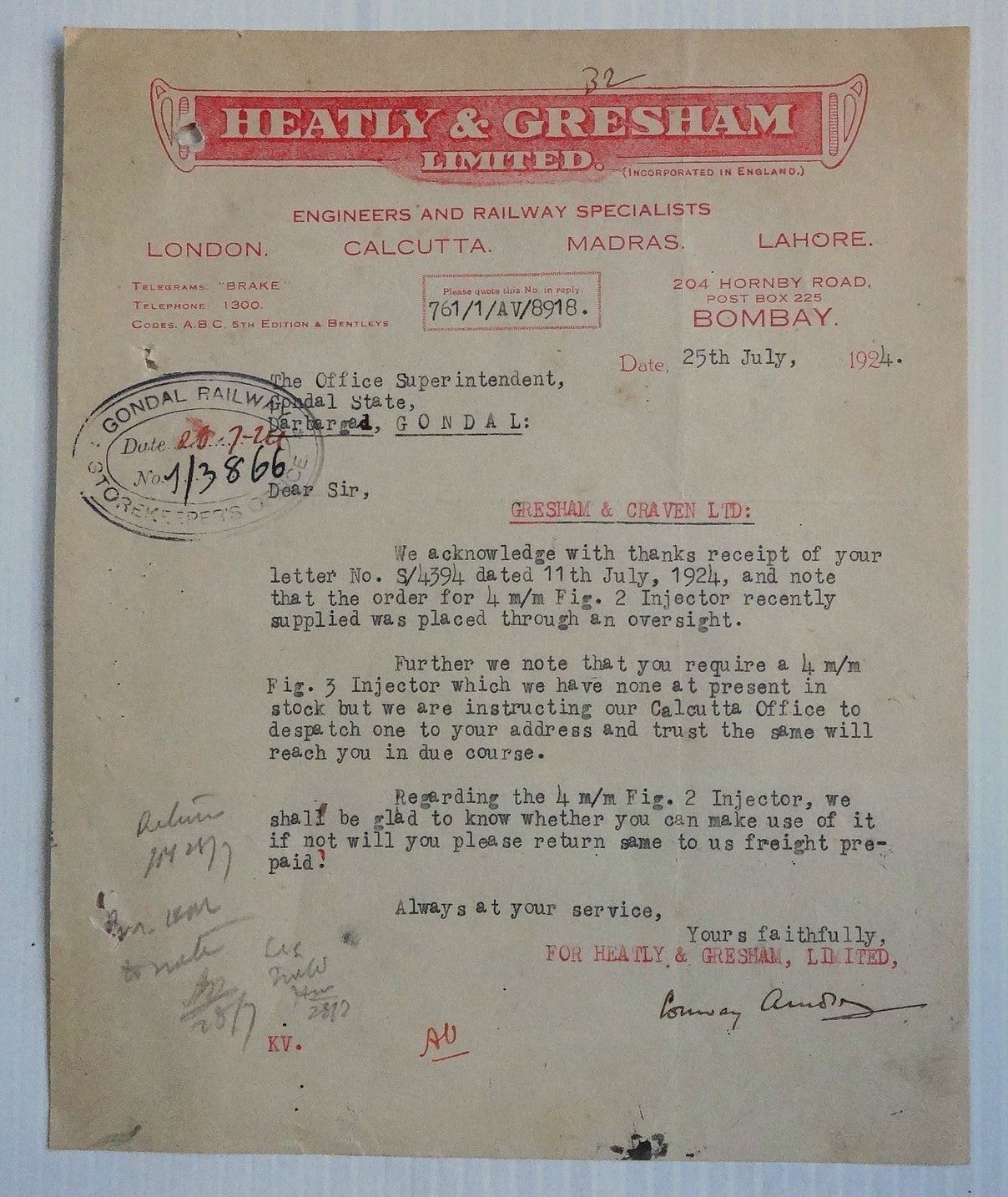 India 1924 illustrated letterhead HEATLY & GRESHAM Railways Specialists Bombay
