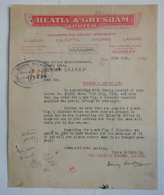 India 1924 illustrated letterhead HEATLY & GRESHAM Railways Specialists Bombay